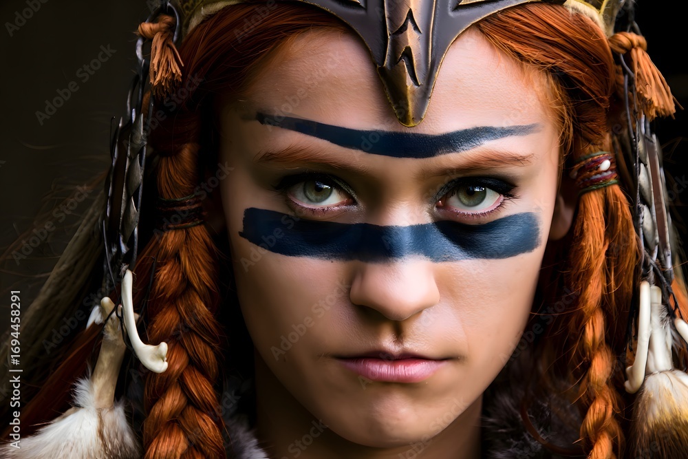 Fototapeta premium Portrait of a young woman with face paint and braided red hair wearing a headdress looking stern