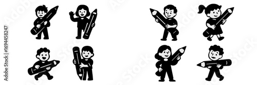 Simple black and white character icons of diverse children holding large pencils for concepts of education, school, learning, and creativity