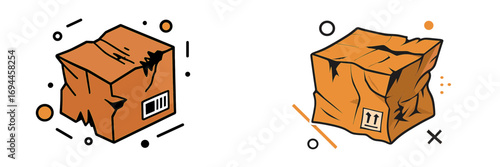 Damaged cardboard box icon set for shipping and delivery concepts showing crushed and broken packages with fragile handling symbols