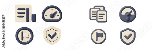 Collection of modern volumetric business signs for user interface design featuring document, clock, performance gauge, and security shield elements on a white background