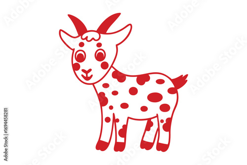 Smiling red cartoon goat with horns and cute spots stands calmly on a white background