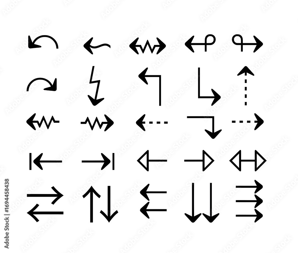 Naklejka premium A vector illustration set of web design arrows, icons, and black pointers