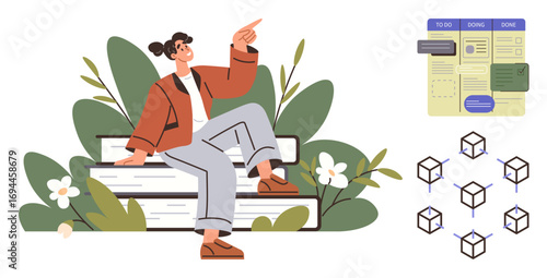 Woman on stacked benches pointing upward, surrounded by plants additional elements include Kanban-style task board and interconnected 3D cubes, representing organization, productivity