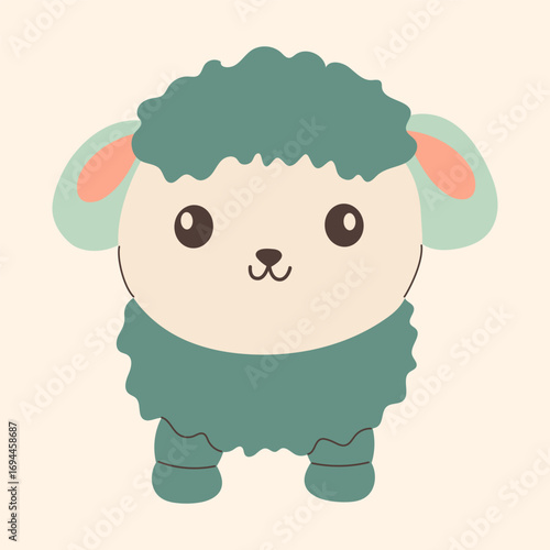Cute Baby Green Sheep Character in Cartoon Style.
