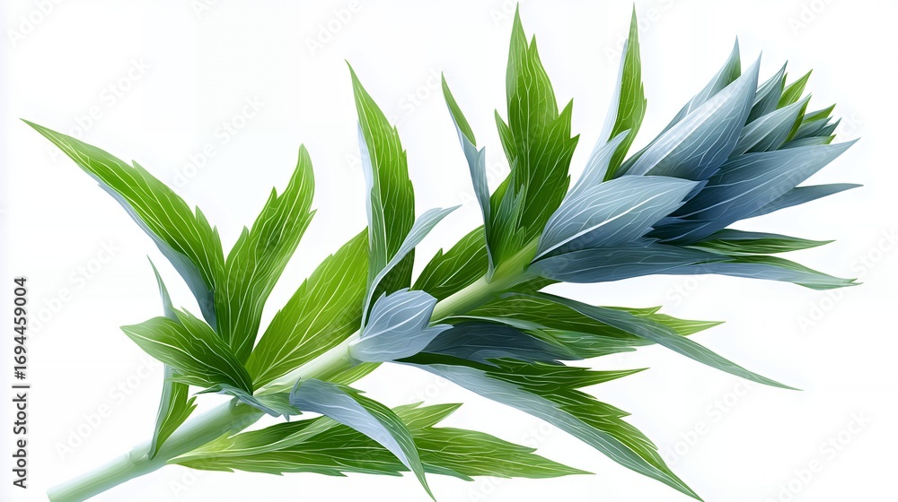 Fototapeta premium Green and Blue Frosted Plant Stem on White Background