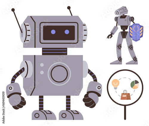 Blocky robot with mechanical limbs, person-thumbs up robot handling a package, and magnified e-commerce icons representing analytics, shopping, and market data. Ideal for technology, robotics