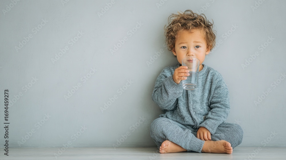 Fototapeta premium Child drinking fresh water from glass healthy hydration concept
