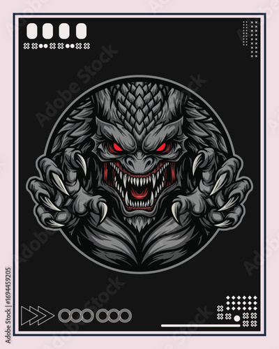Aggressive Gray Dragon Head with Claws Illustration.