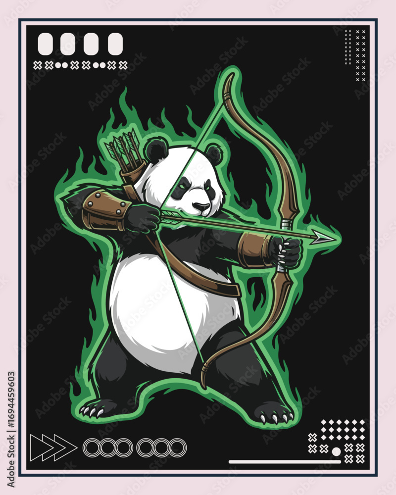 Fototapeta premium A detailed illustration of a panda archer aiming with a bow and arrow, surrounded by green flames.