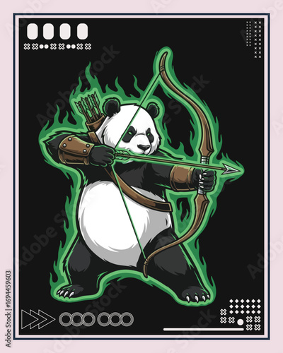 A detailed illustration of a panda archer aiming with a bow and arrow, surrounded by green flames.