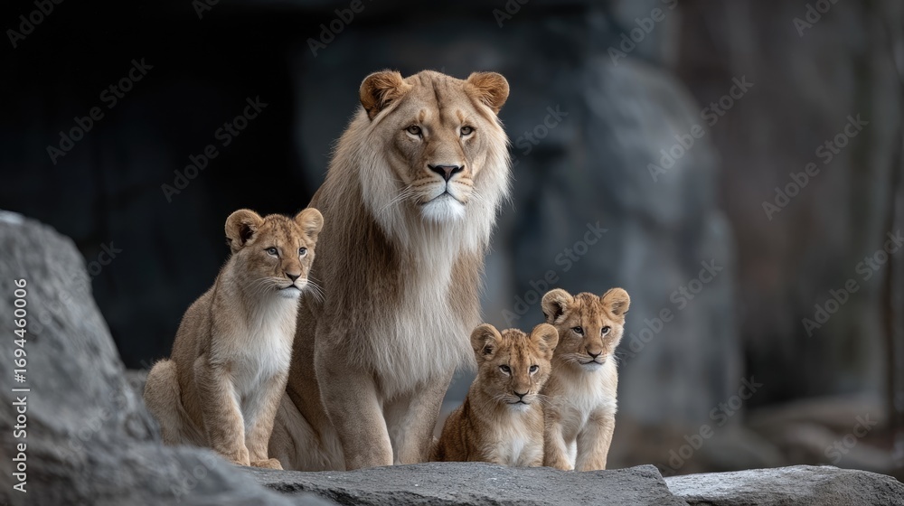 Obraz premium Captivating lion family includes an adult male, female, and two playful cubs displaying unity and grace under soft focus lighting