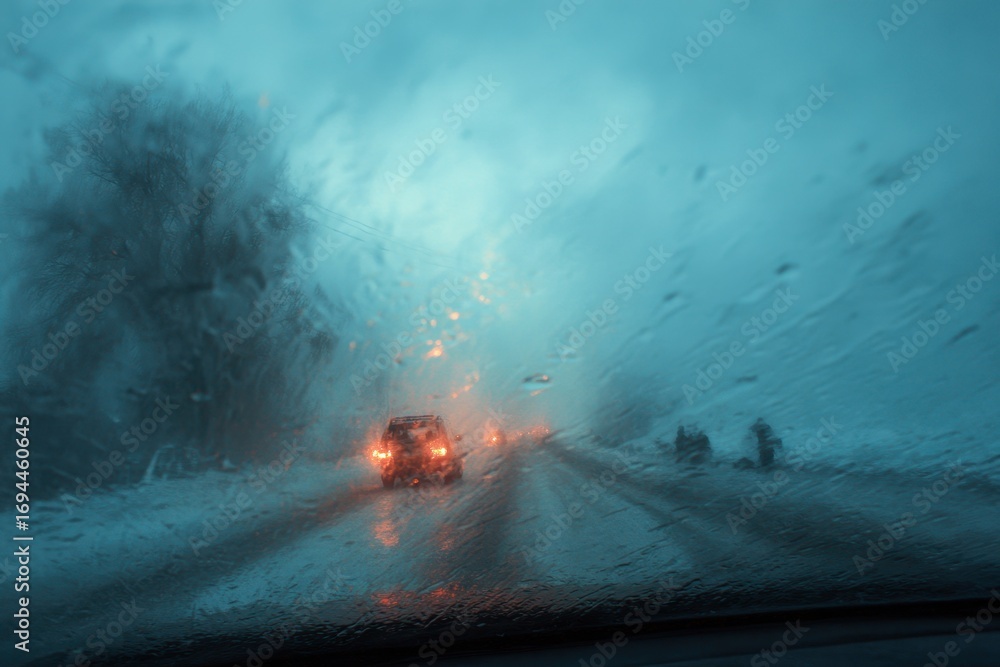 Fototapeta premium Fog Windshield. Abstract View of Car Windshield in Winter Fog on Country Road
