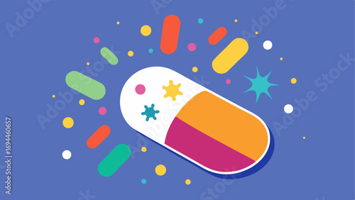 Capsule Burst Effect An illustration of a supplement capsule bursting open with colorful exosomes radiating outwards symbolizing the powerful benefits of the ingredients within.