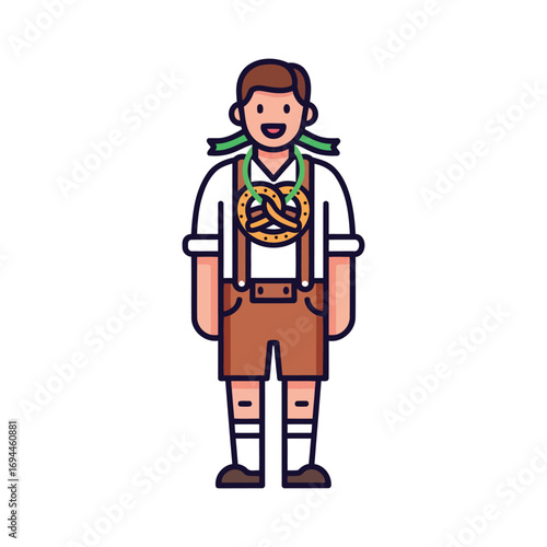 A man in traditional Bavarian lederhosen, wearing a pretzel necklace, smiling.