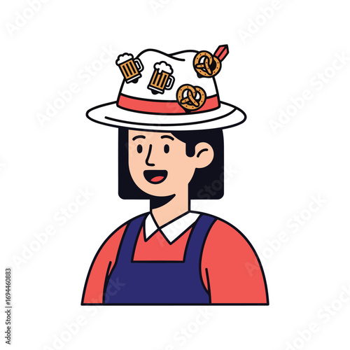 Woman wearing a hat decorated with beer steins and pretzels.
