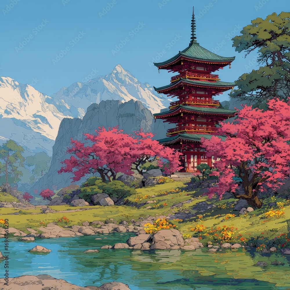 Obraz premium Pagoda and Blossoms