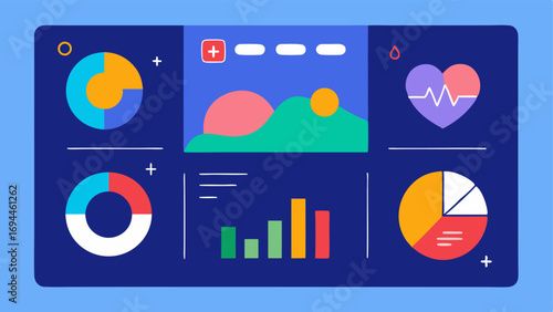 Fitness Dashboard A digital screen floating in front of the user shows daily step counts heart rate and water intake as colorful pie charts and line graphs in vibrant colors.