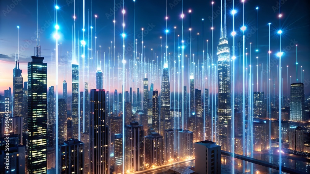 custom made wallpaper toronto digitalFuturistic cityscape with glowing blue data streams connecting skyscrapers, representing smart city technology and digital connectivity