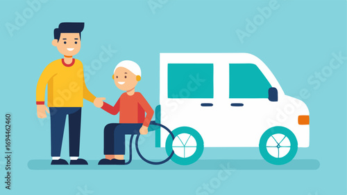 Driver Assistance An illustration of a smiling driver standing next to a wheelchair user entering the van emphasizing support and compassion.
