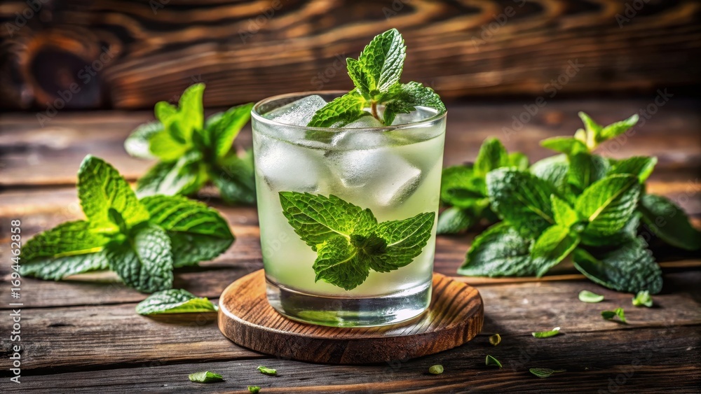 Fototapeta premium Refreshing mint cocktail in a glass garnished with fresh mint leaves on a wooden table surface