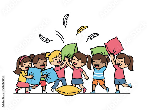Illustration of a group of children having a pillow fight, feathers flying in the air.