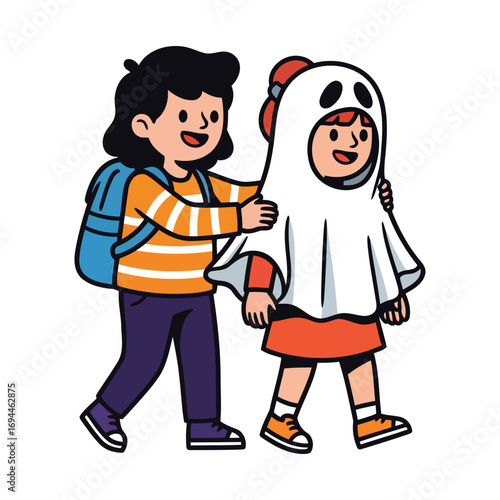 Two children, one dressed as a ghost, walking together with a backpack.