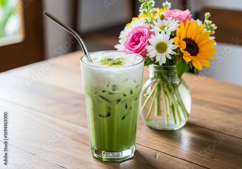Refreshing Iced Matcha Latte with Fresh Flowers
