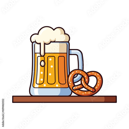 A refreshing illustration of a beer mug overflowing with foam, accompanied by a pretzel on a wooden shelf.