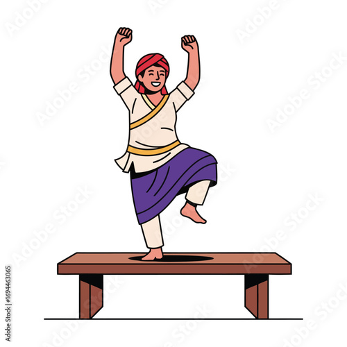 An exuberant person in traditional attire celebrates triumphantly, standing on a wooden bench with arms raised in victory.