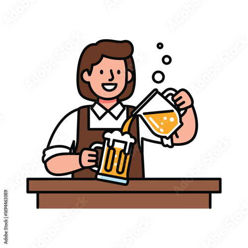 A smiling bartender wearing an apron pours a golden beverage from a pitcher into a frothy beer mug on a wooden counter.