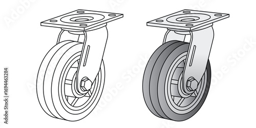 Swivel caster wheel with mounting plate vector Illustration, shown in outline and colored versions. Industrial equipment part, isolated on white , ideal for warehouse, cart, trolley, and mechanical