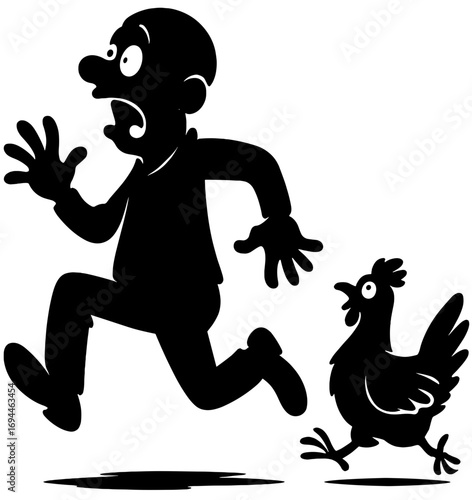 Funny Silhouette of Man Running Away From Chicken Illustration