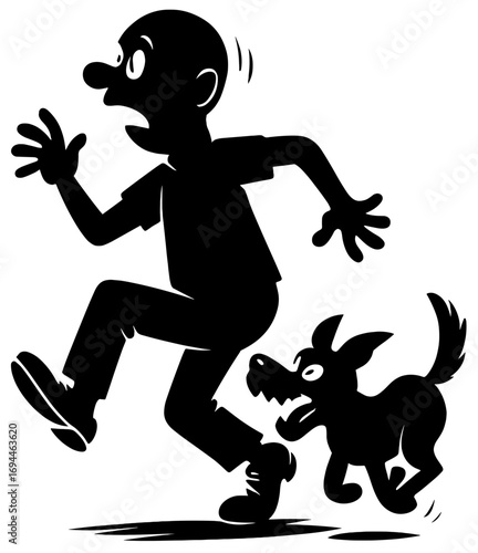Funny Man Running Chased by Dog Silhouette Cartoon Illustration