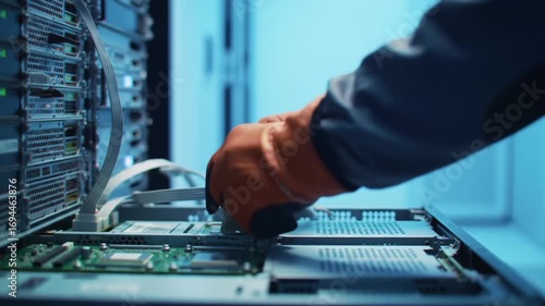 Technician Performing Maintenance on Server Hardware with Cables and Circuit Boards, Focused on Efficient Data Processing and Electrical Connectivity in a Modern Data Center Environment