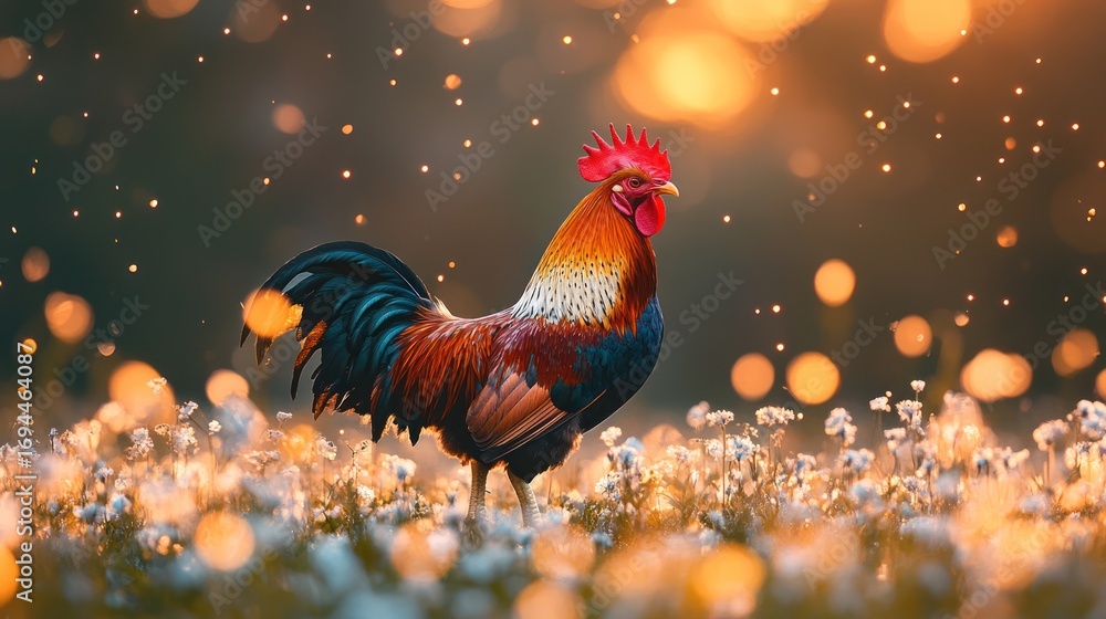 Fototapeta premium Rooster in sunlit meadow. Vibrant plumage, bokeh background