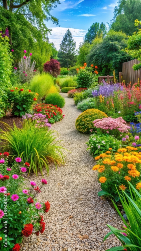 custom made wallpaper toronto digitalSerene xeriscape garden with gravel pathways surrounded by lush greenery and vibrant flowers