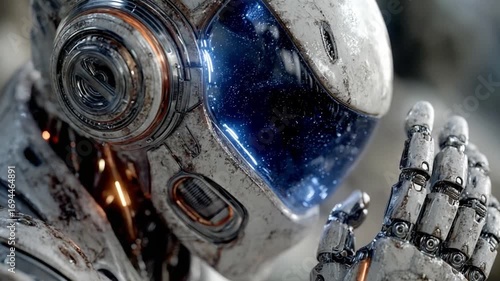 Astronaut's Contemplation: A detailed close-up of an astronaut's helmet and hand reveals intricate design and technology, evoking a sense of futuristic exploration.