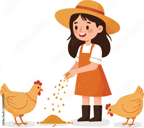 Cute Cartoon Girl Feeding Chicken on Farm Animal Illustration