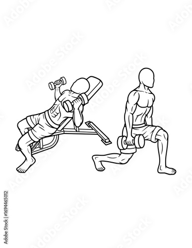 muscle male dumbbell gym sport training line art, hand drawn, sketch illustration