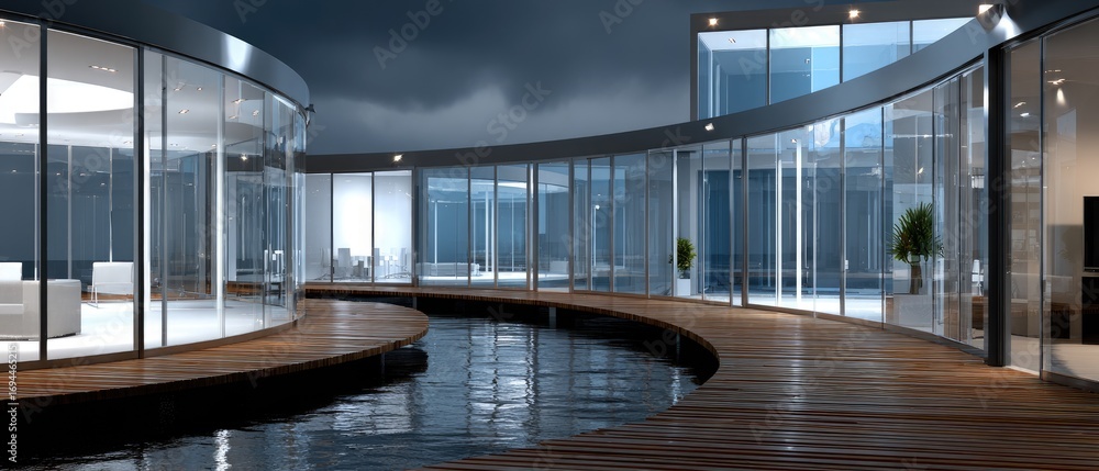 Obraz premium Curved, glass-fronted structure stands on water, contrasting against dark clouds, with sunlight breaking through for an epic ambiance