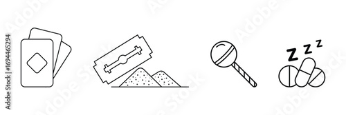 Playing cards, drug powder lollipop candy sleeping pills icon vector illustration for unhealthy addiction, harmful sweets and substance abuse concept.