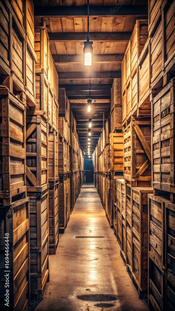 Fototapeta premium Corridor lined with stacked wooden crates