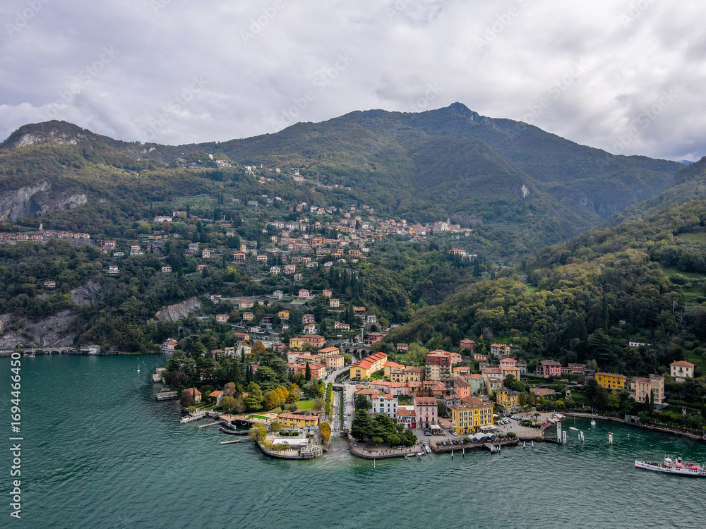 Fototapeta premium Aerial landscape of Varenna villa Lago di Como Lake in Italian Alps fall in Lombardy Italy