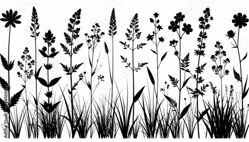 Black Silhouette of Wild Grasses and Flowers.
