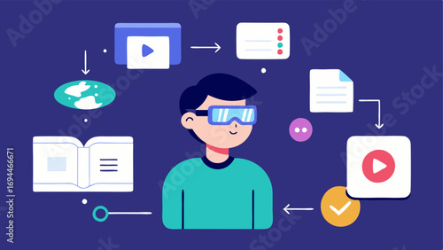 Customized VR Tutorials A user learning to navigate a virtual environment through stepbystep visual tutorials designed with clear icons and simple instructions for accessibility.