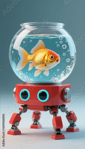 3D illustration of a robot with a round goldfish aquarium instead of a head. Vector graphics. EPS.	