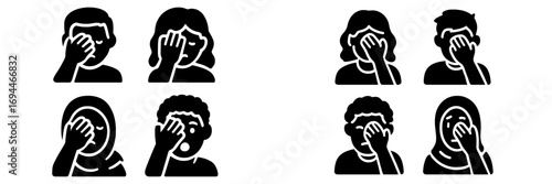 Set of diverse people covering faces with hands expressing shame disappointment or embarrassment gesture