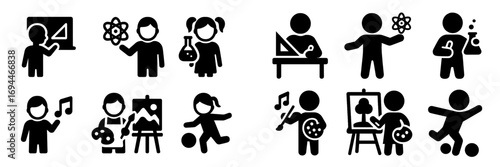 School subject icon set with children learning science, art, music, math, and sports for educational concepts