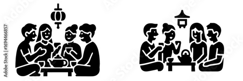 Black glyph icon set of a family or friends gathering for a traditional Asian tea ceremony during a festival celebration