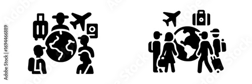 International travel and tourism icons with people, globe, airplane, and luggage representing global mobility and immigration concepts